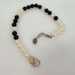 Vintage Pearl & Onyx Bracelet Sterling Clasp Anchor & Dove A/D Designer Y2K